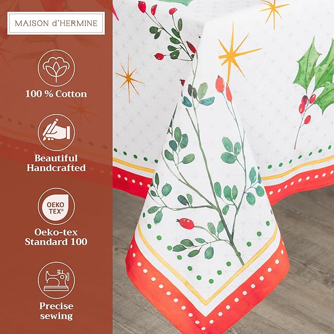 Maison d' Hermine Table Cloth Rectangle Table 100% Cotton 70 x 140 Inches Fall Tablecloth Reusable Everyday Use for Thanksgiving Christmas Decorations Dining Farmhouse Party (Poinsettia Christmas)