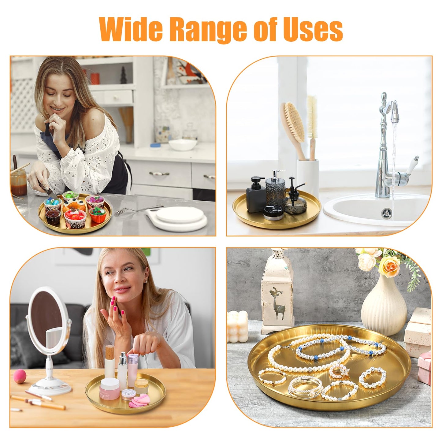 3 Pcs 12 Inch Gold Round Serving Tray, Stainless Steel Decorative Plate for Jewelry Makeup Organizer, Vanity Bathroom Coffee Table Dessert Display