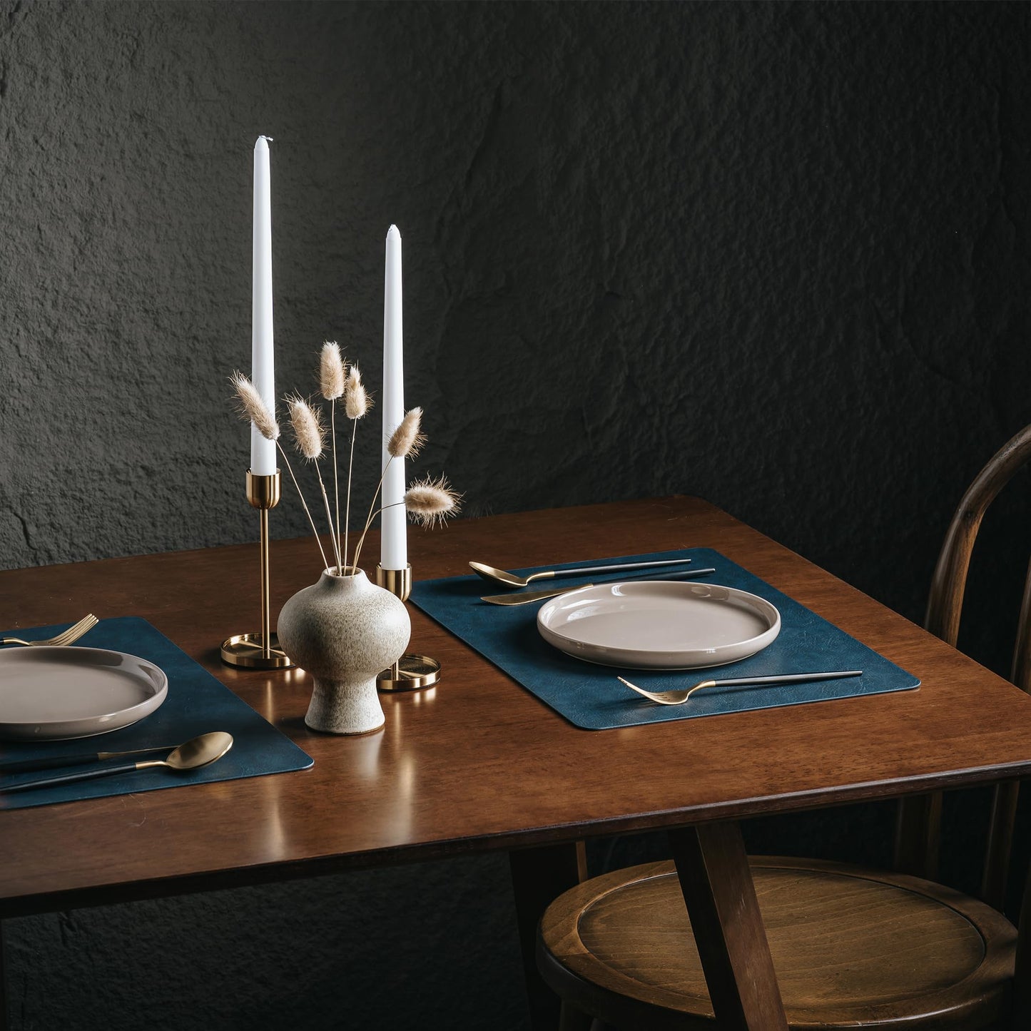 Placemats Set of 6, DOLOPL Reversible Dual-Color Faux Leather Place Mats 17"x11.8"– Waterproof, Heat Resistant, Washable & Wipeable, Luxury Retro Style for Kitchen, Dining Table (Camel/Navy Blue)