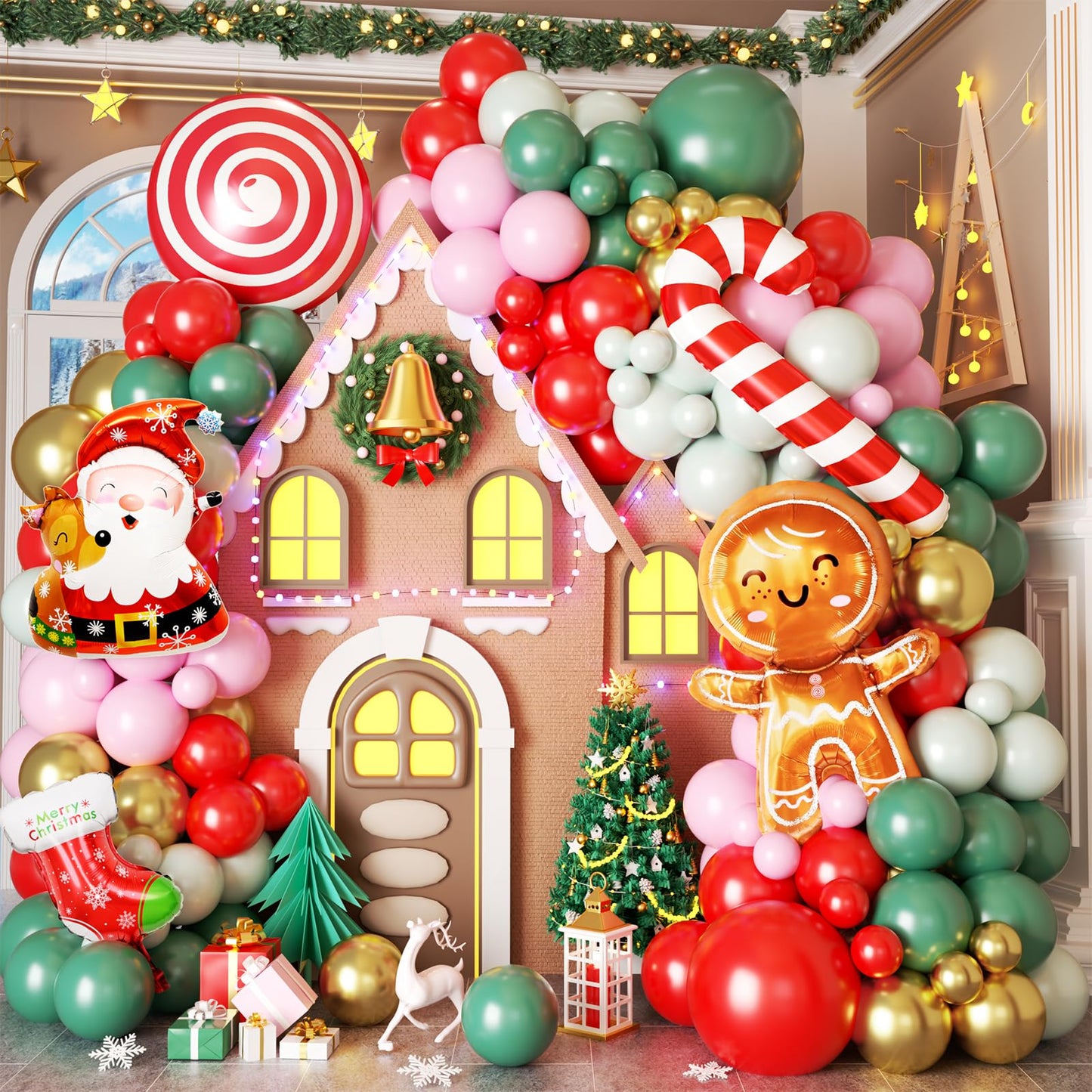 Christmas Balloon Arch Kit,108 Pcs Gingerbread Man Balloon Garland Kit, Sage Green Pink Red Latex Balloons Santa Claus Foil Balloons Candy Cane for Xmas Birthday New Year Christmas Party Decorations