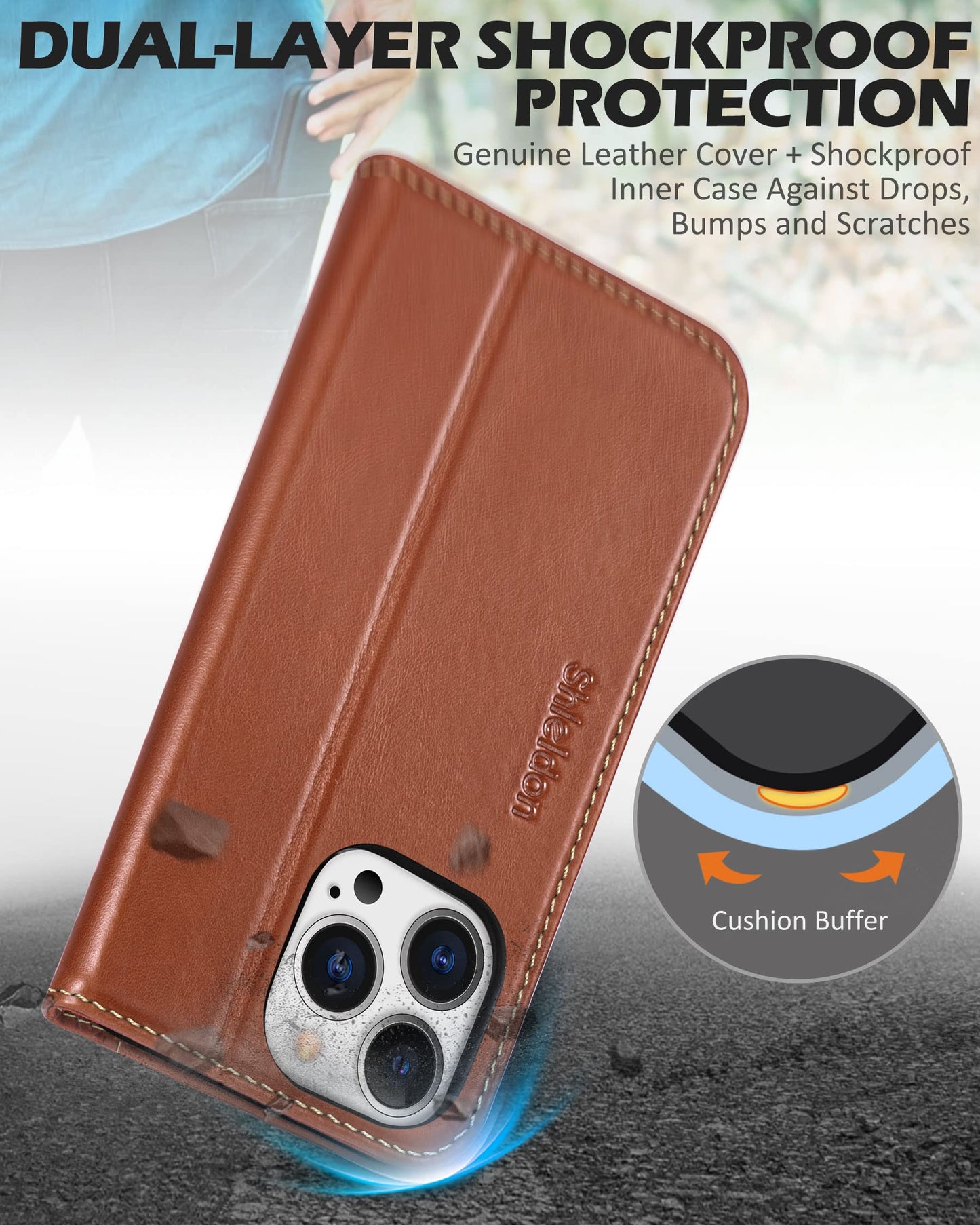 SHIELDON Case for iPhone 13 Pro 5G, Genuine Leather Folio Wallet Magnetic Shock Absorbing Case RFID Blocking Credit Card Holder Kickstand Compatible with iPhone 13 Pro 6.1" - Retro Brown