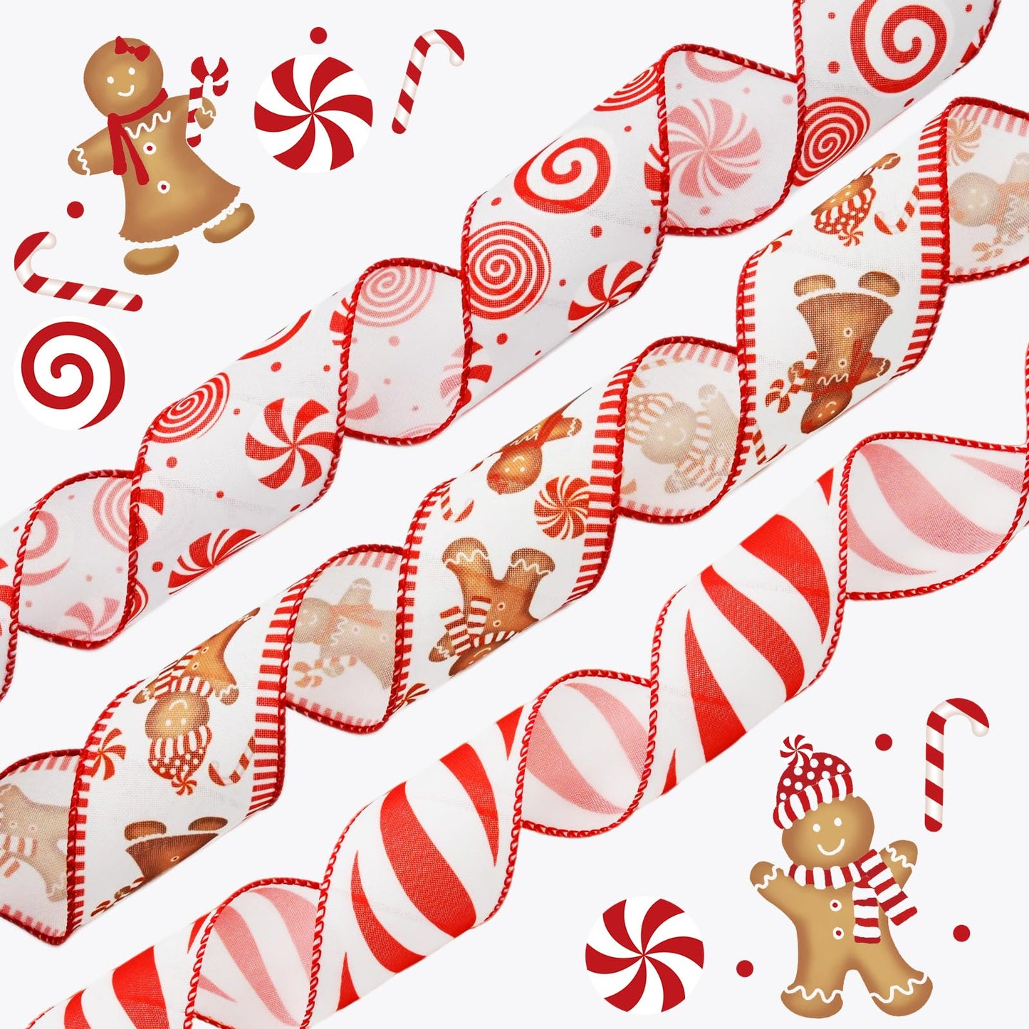 CRAFLOX Christmas Gingerbread Wired Ribbon for Wreath Bows, 3 Rolls, 2.5″ Wide, 15 Yards Total, Red Gingerbread Candy Wired Ribbon for Crafts Supplies, DIY Bows