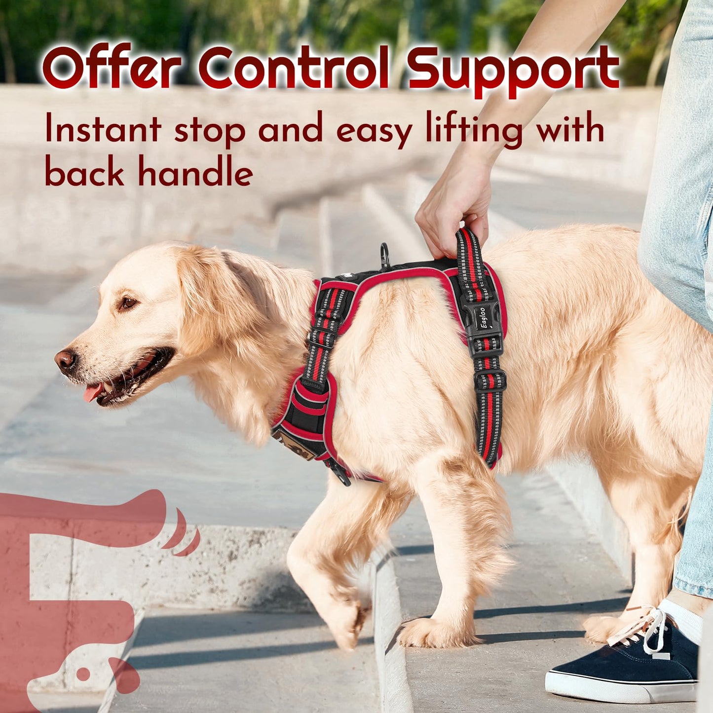 Eagloo Dog Harness for Large Dogs, Easy Wearing with 3 Buckles, Adjustable No Pull Pet Harness with 2 Rings for Walking, No Chock Reflective Soft Padded Vest with Control Handle, Black & Red, L