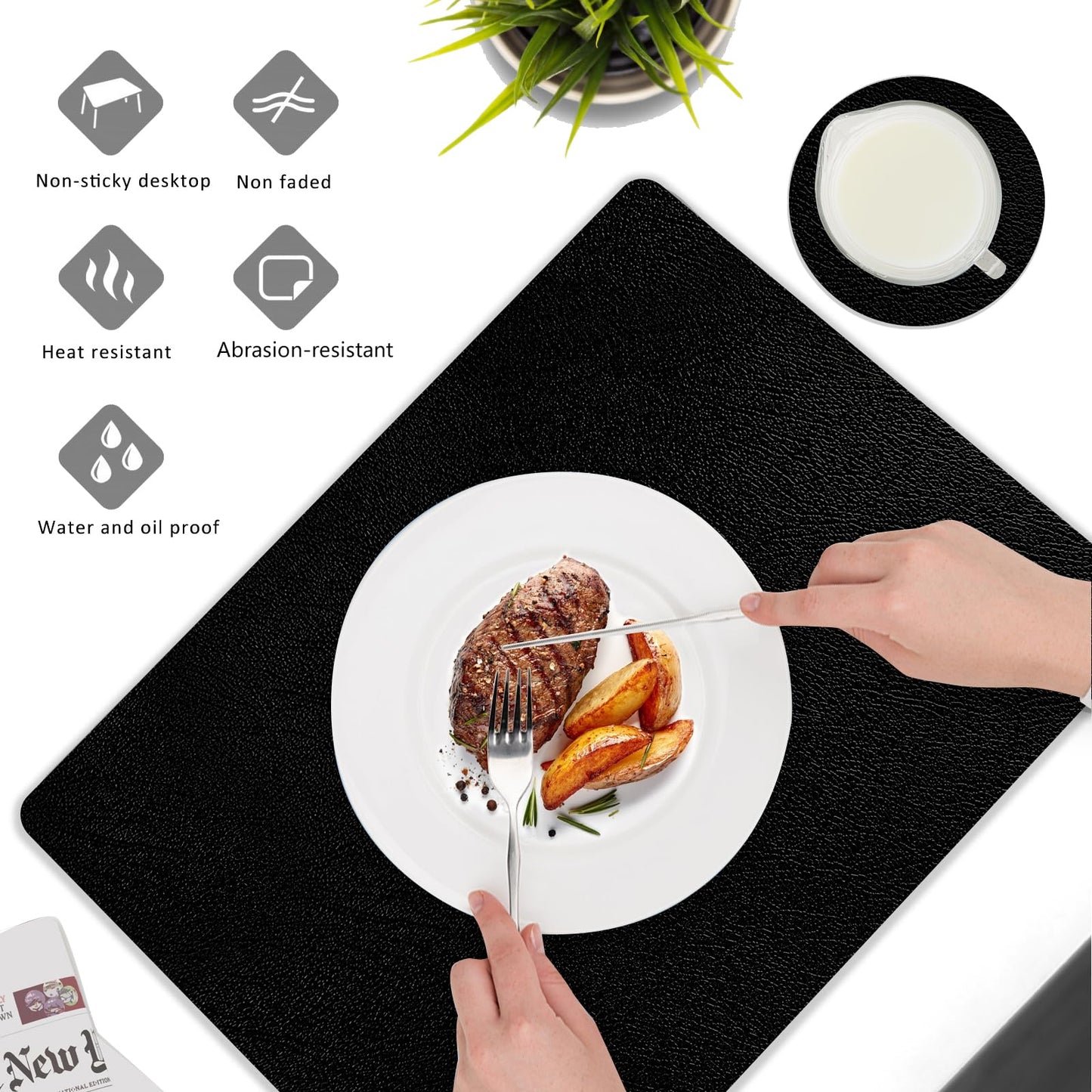 Keaixinyu Placemats and Coasters Set of 6, Waterproof、Oil-Proof Wipeable、Anti Slip PVC Leather Place Mats, Heat Resistant Reversible Table Mats for Kitchen, Dining, Outdoor 17’’×12’’, (Black)