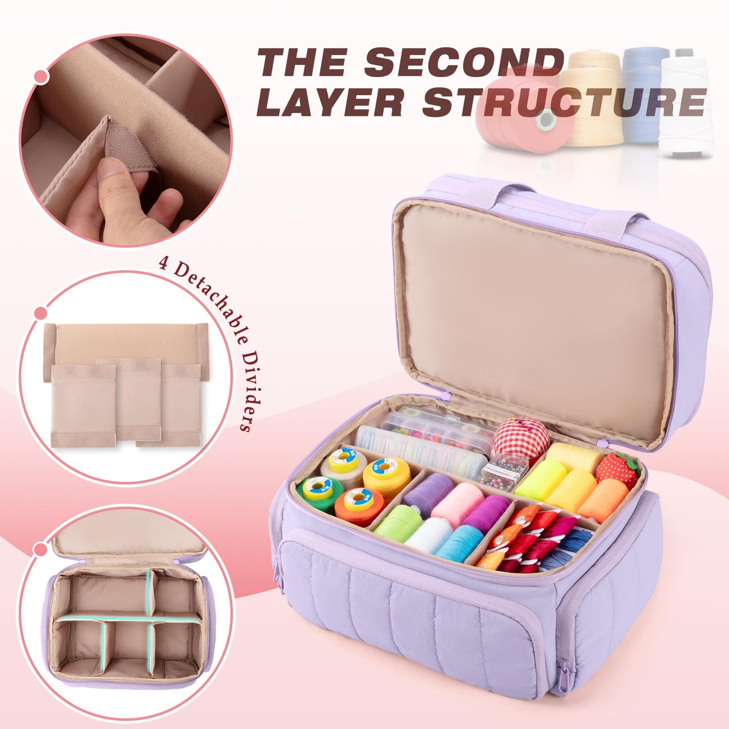 Marscamd Puffer Sewing Organizer Bag, Large Capacity with Multiple Pockets and Detachable Dividers, Storage Box for Threads, Needles, Scissors, Craft Supplies, Purple (Bag ONLY, NO Supplies)