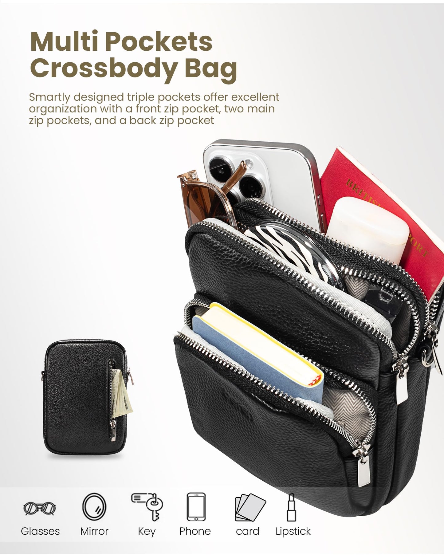 befen Small Black Genuine Leather Cross Body Bags for Women, Women's Adjustable Shoulder Strap Crossbody Purse Bag with Cell Phone Pocket and RFID Card Slots