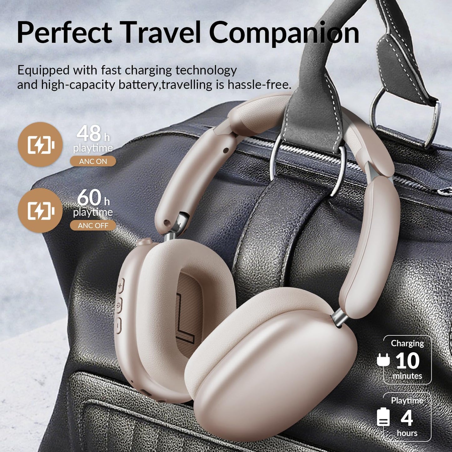 Wentronic Y02 Active Noise Cancelling Headphones,60H Battery,5 EQ Music Modes,Hi-Res Audio,Deep Bass,Foldable Wireless Over Ear Bluetooth 5.4 Headset,Breathable Leather Earpads (Starlight)