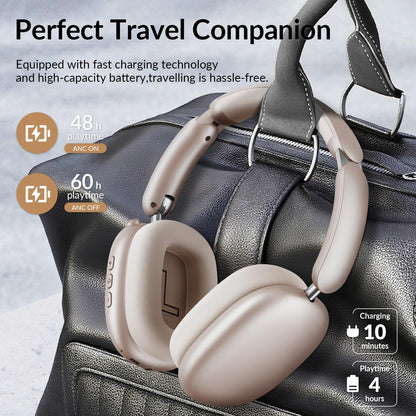 Wentronic Y02 Active Noise Cancelling Headphones,60H Battery,5 EQ Music Modes,Hi-Res Audio,Deep Bass,Foldable Wireless Over Ear Bluetooth 5.4 Headset,Breathable Leather Earpads (Starlight)