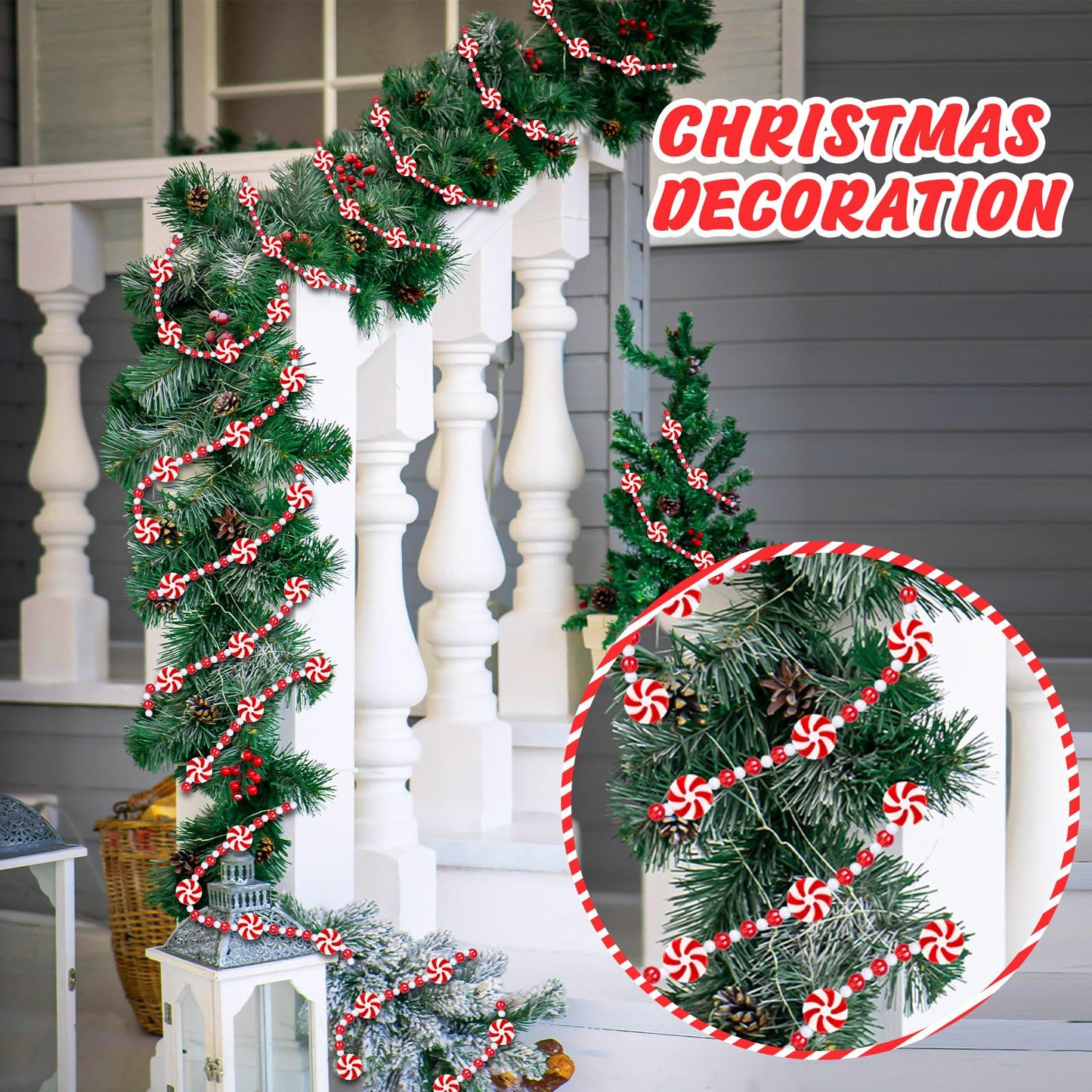 Christmas Candy Garland, Red Christmas Tree Bead Garlands Xmas Decorations Hanging Peppermint for Party Wreaths Home Fireplace Ornaments (10 Feet)