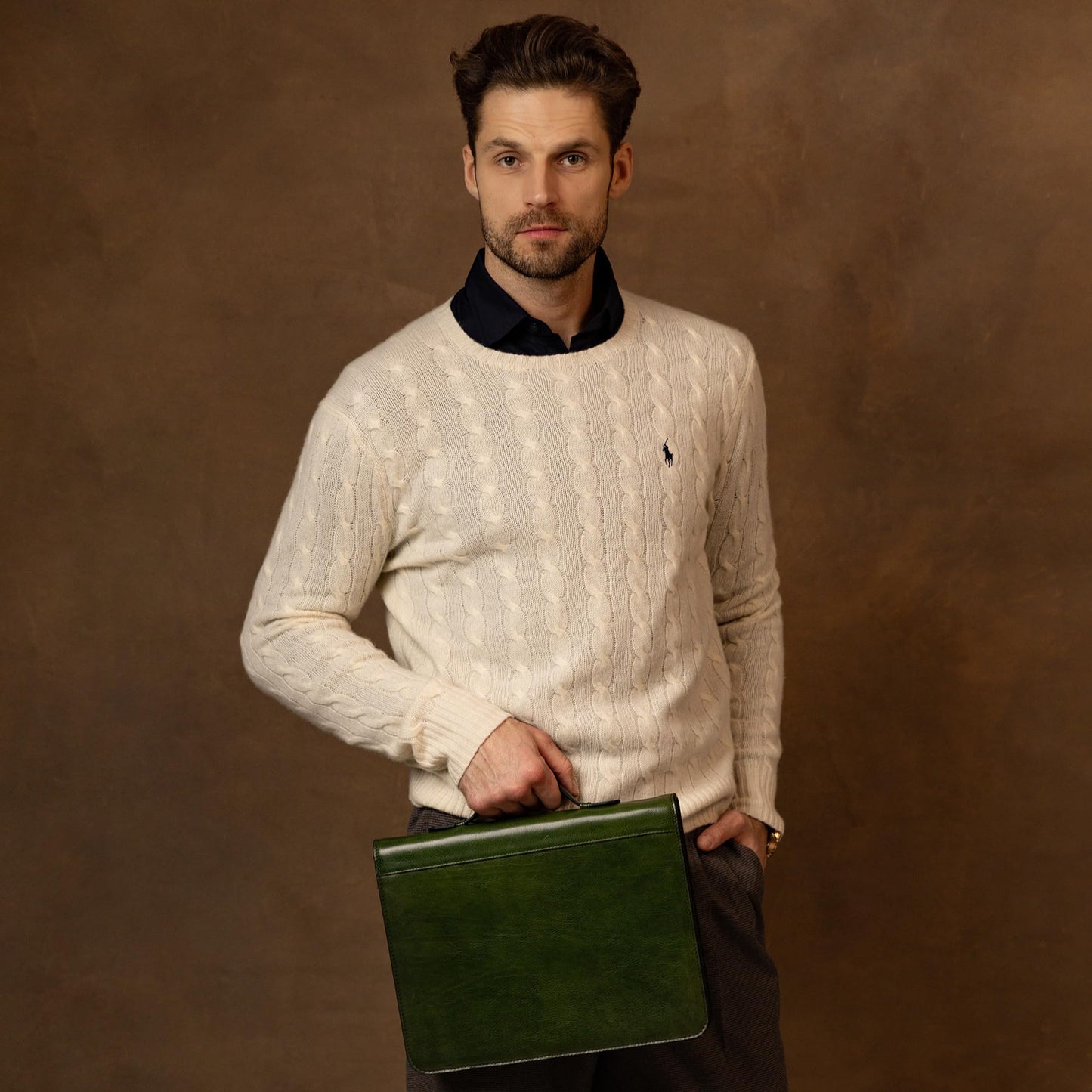 Time Resistance Leather Portfolio – Document Bag with Carry Handle – Tablet Size Case Made in Italy (Green)