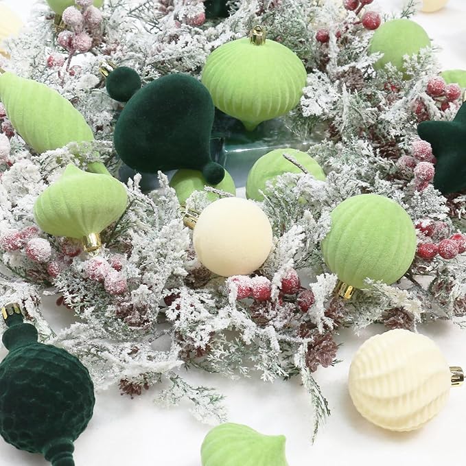 SY Super Bang 30PCS Velvet Christmas Ornaments Set, Flocked Shatterproof Assorted Hanging Xmas Tree Ball Decorations, for Home Party Holiday Decor, Deep Green, Beige, Light Green