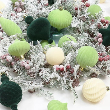 SY Super Bang 30PCS Velvet Christmas Ornaments Set, Flocked Shatterproof Assorted Hanging Xmas Tree Ball Decorations, for Home Party Holiday Decor, Deep Green, Beige, Light Green