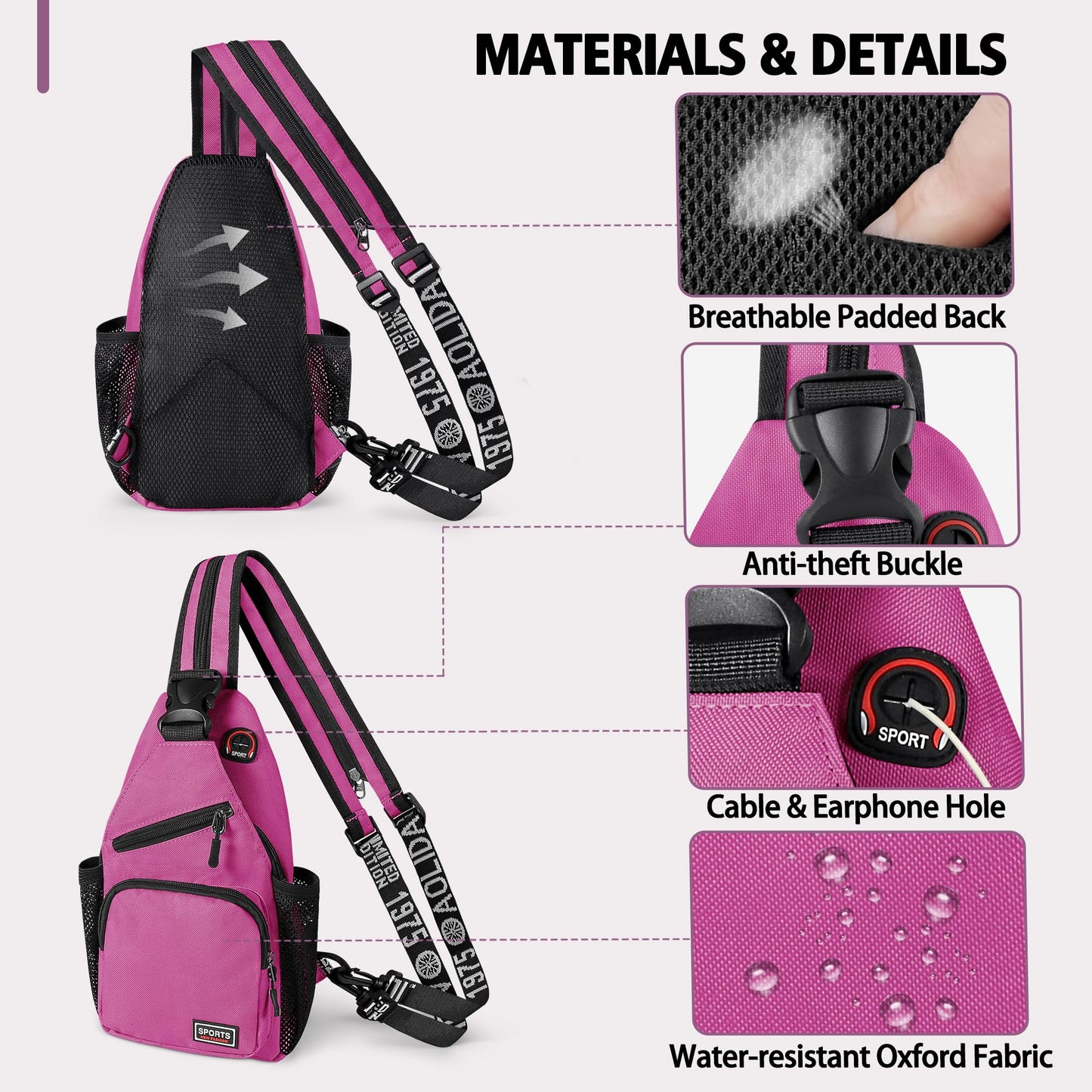 Geestock Convertible Sling Bag for Women Men, 12.6" Crossbody Sling Backpack with Headphone Hole Fit 7.9" Tablet, Lightweight Chest Bag Daypack Crossbody for Travel Sport Hiking & Commute,Purplishred