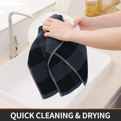 Homaxy Kitchen Towels and Dishcloths Set, 12 x 12 and 13 x 28 Inches, Set of 8 100% Cotton Waffle Weave Check Plaid Kitchen Dish Towels, Super Soft and Absorbent Dish Cloths, Black & Grey