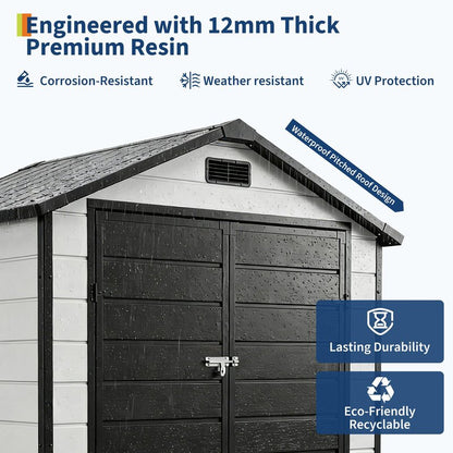Garvee 6x4 FT Outdoor Storage Shed with Floor, Plastic Resin Garden Shed with Window & Sloping Roof & Lockable Door for Patio Backyard Garden, Lawn Mower, Bike, Tool Storage