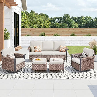 Outdoor Patio Furniture Set-5 Pieces All-Weather Wicker Patio Furniture with Outdoor Swivel Rocking Chairs Set of 2,Outdoor Patio Conversation Sets for Garden Porch Deck Brown/Beige
