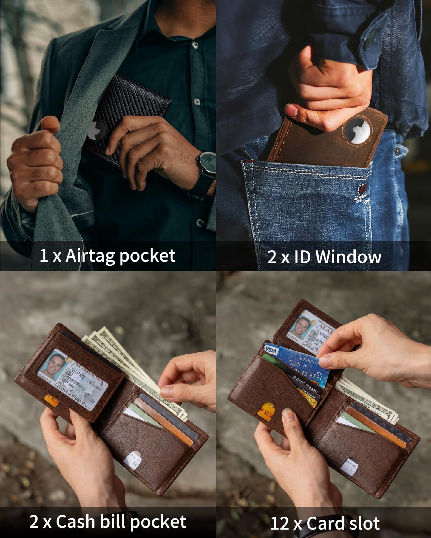 Mens Wallet With AirTag Holder, Bifold Leather RFID Blocking 2 ID Windows 12 Card Holders, Gift Box and Screen Protector Included, AirTag Not Included