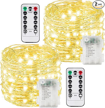 2 Pack 200LED Battery Operated Fairy Lights with Remote, 8 Modes LED String Lights with Timer, Dimmable, Memory Function, Waterproof Twinkle Lights for Outdoor Indoor Christmas Decor(Warm White)