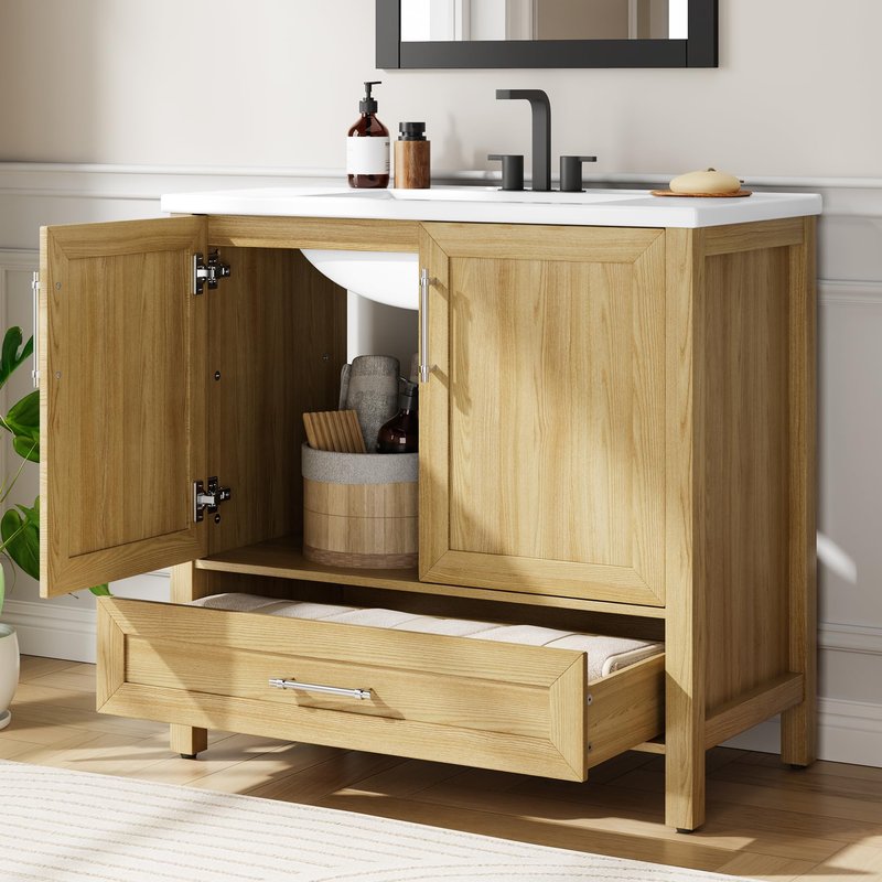 Garvee 30" Bathroom Vanity with Sink, Freestanding Bathroom Sink Cabinet with 2 Soft-Closing Doors & Large Storage Drawer, Wood Vanity Cabinet, Easy Assembly & Cleaning, Natural Wood