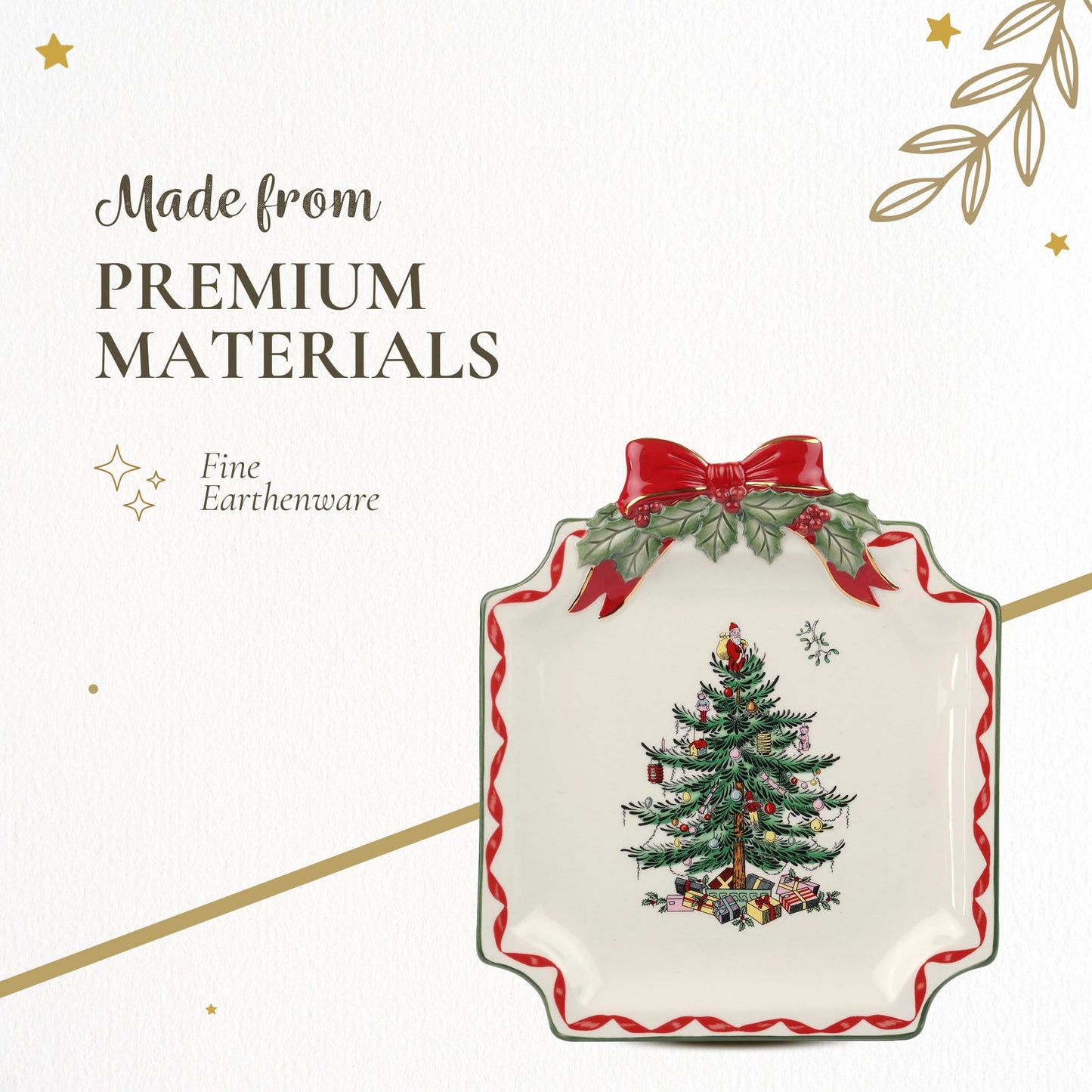 Spode Christmas Tree Ribbons Canape Platter - 6.5-Inch Holiday Serving Plate for Desserts, Appetizers, and Treats - Festive Earthenware Christmas Dinnerware with Gold Accents - Dishwasher Safe