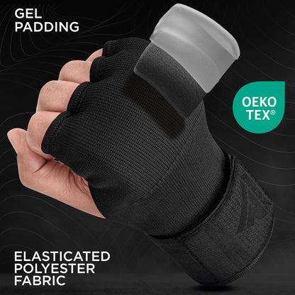 RDX Gel Boxing Hand Wraps Inner Gloves Men Women, Quick 100cm Long Wrist Straps, Elasticated Padded Fist Under Mitts Protection, Muay Thai MMA Kickboxing Martial Arts (Full Black, XL)