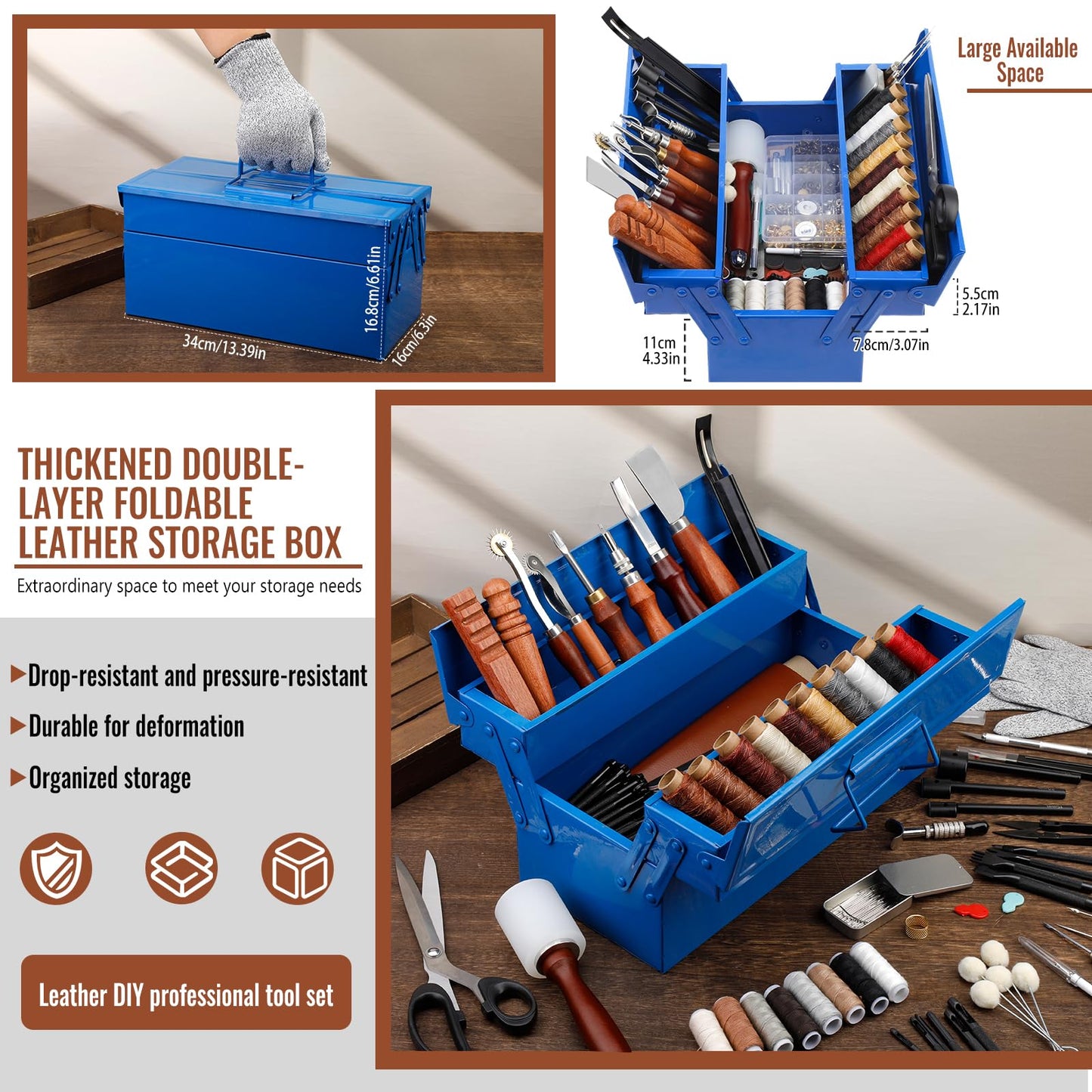 Leather Working Tools Kit, Leather Tooling Kit with Double Layer Storage Box, Heavy Duty Sewing Kit, Professional Working Tools and Supplies for DIY Stamping Cutting Engraving Punching Sewing