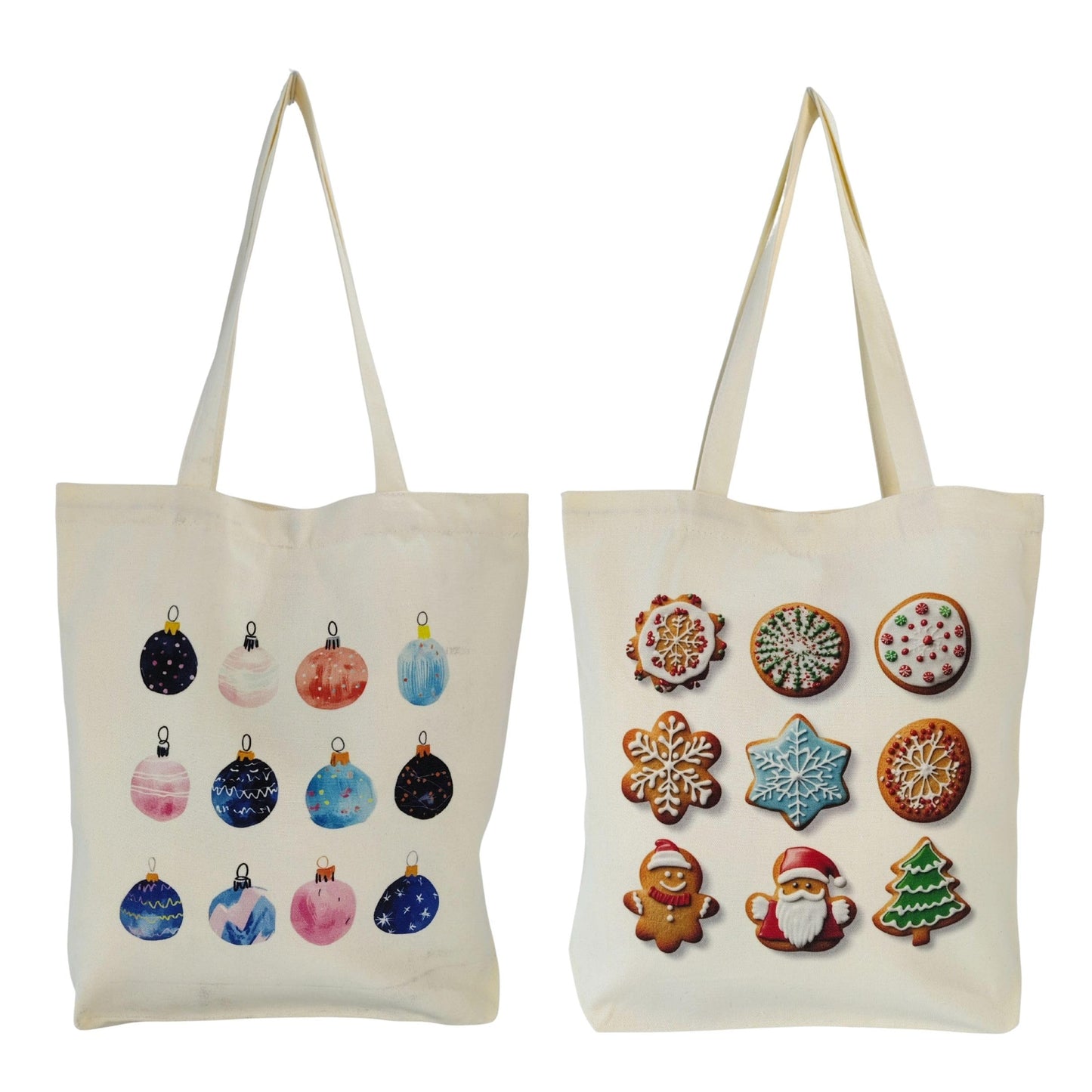Zenloria Christmas Canvas Tote Bags – 2 Pack Holiday Cotton Totes 15x16, Cookie & Ornament Designs, Reusable Gift & Shopping Bags