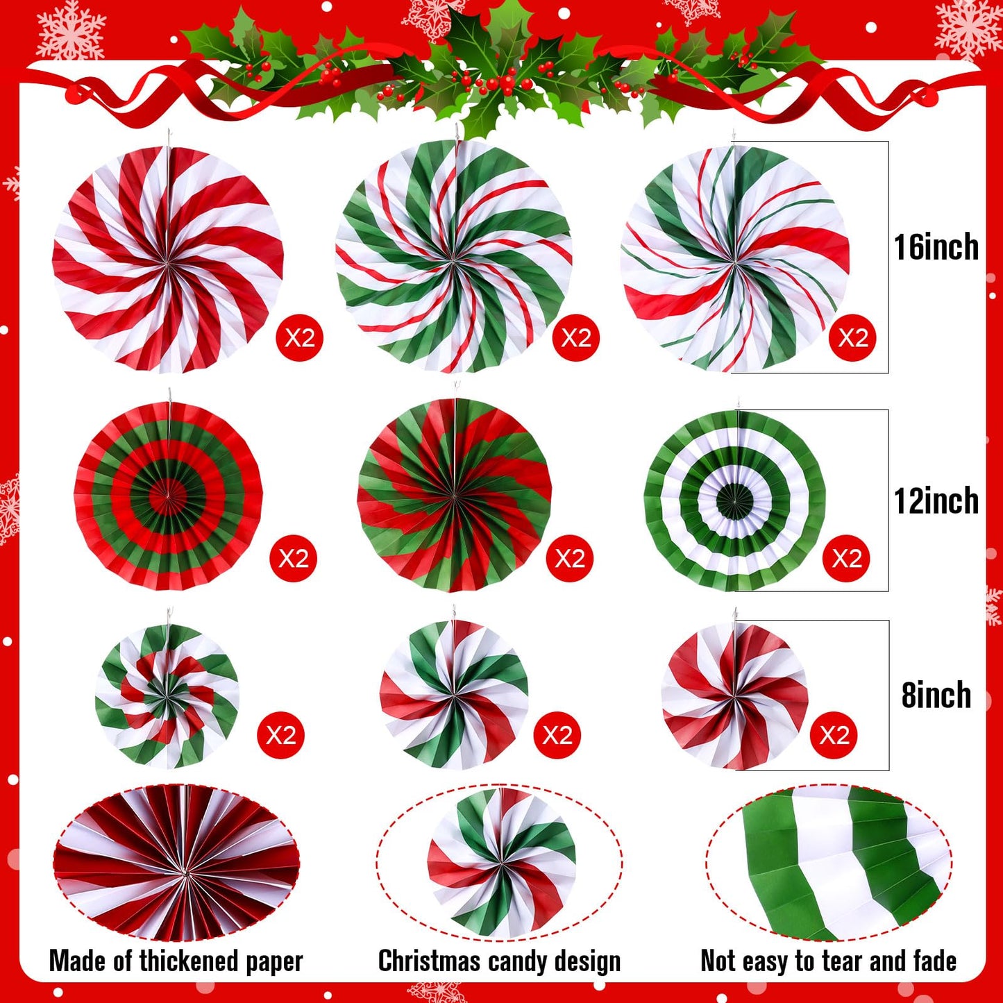 Outus 27 Pcs Christmas Hanging Decorations Candy Paper Fans Peppermint Hanging Paper Fans Candy Cane Ceiling Wall Decor for Christmas Party Classroom Birthday Party (Fresh)