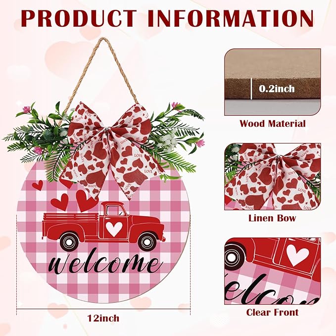 Valentines Day Door Sign for Front Porch Farmhouse Decor Welcome Red Truck with Hearts Hanging Round Wood Signs with Bow and Wreath Rustic Love Home Decoration for Couples Romantic Gift 12"