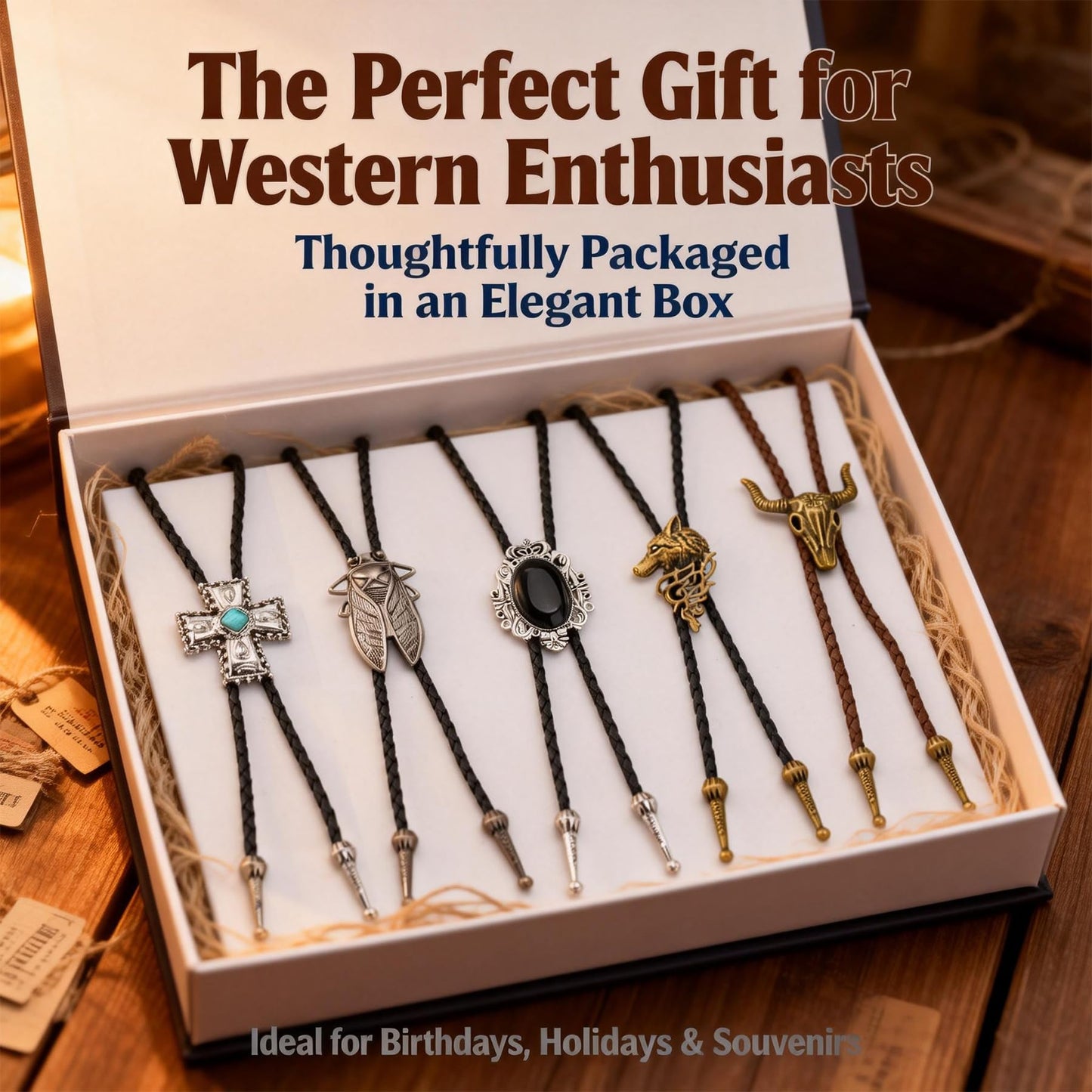 INSYOHO 5 Pcs Western Cowboy Bolo Tie for Men Women Native American Turquoise Cross Leather Necktie Rodeo Costume Necklace Accessories with Cicada, Fox Head, Bull Head Pendant Designs
