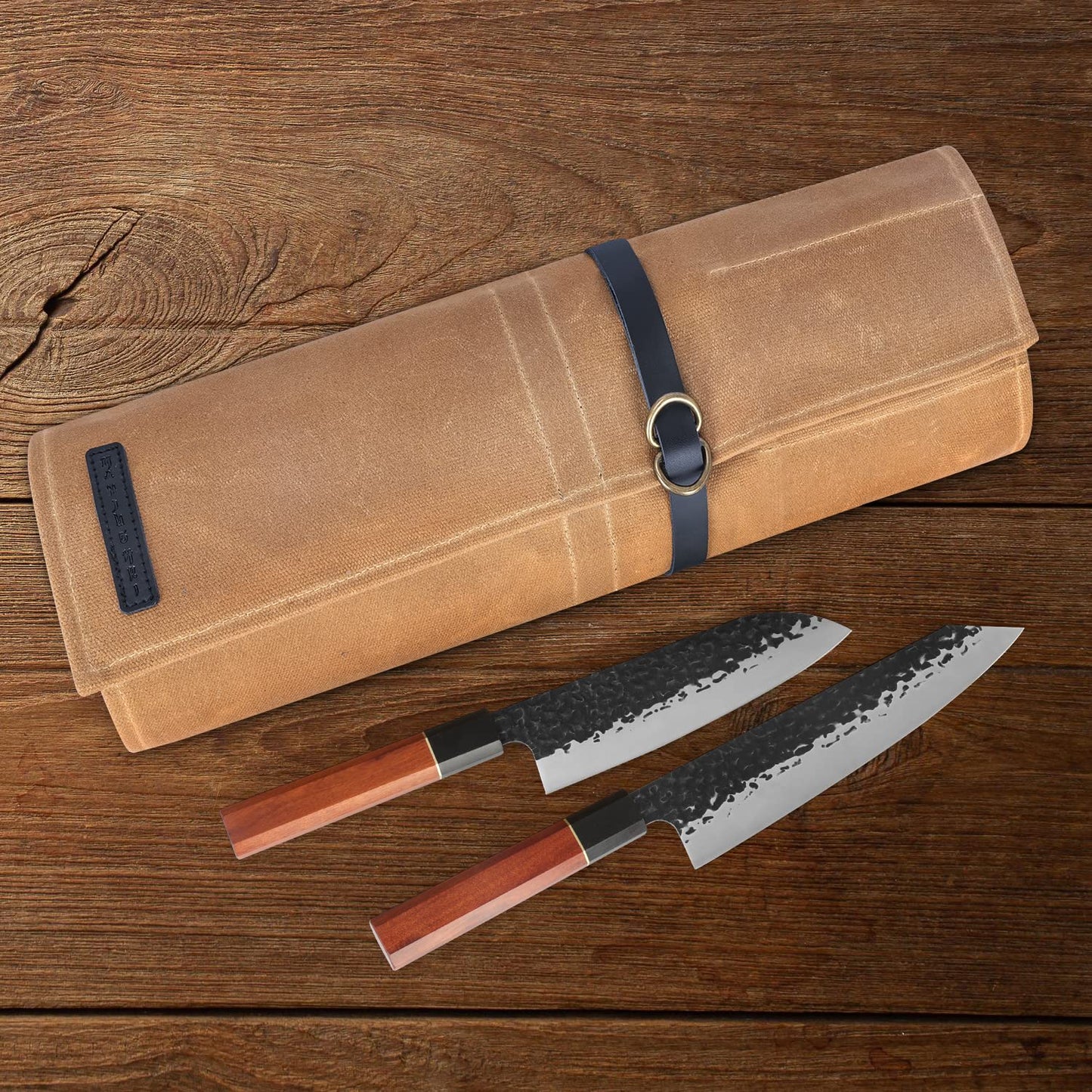 Manjushri Chef Knife Rolls with 9 slots- Canvas Knife Roll Bag with Genuine Leather Belt (Brown)