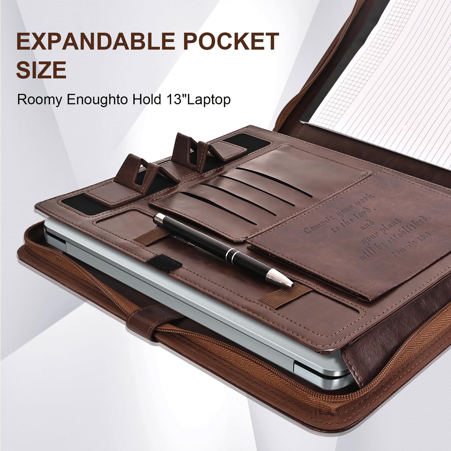 Leather Portfolio for Men, Christian Religious Gifts for Men with Laptop Pocket, Padfolio Binder Folder with Zipper for Women, Business Large Organizer Case for Bible Notebook Notepad Phone (Brown)