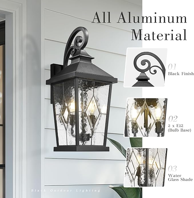 Emliviar 22.4" Large Outdoor Wall Light, Matte Black Exterior Lighting Fixtures with Water Glass Shade, Outside Wall Lantern with E12 Bulb Base, WE301BM-SD BK