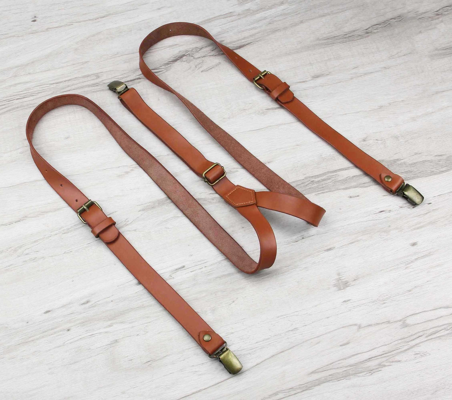 Entwineno Mens Leather Suspenders - Buckle Pattern Adjustable Braces - Wedding Groom (Cognac Brown, L Adult (5'10"~6'1"))