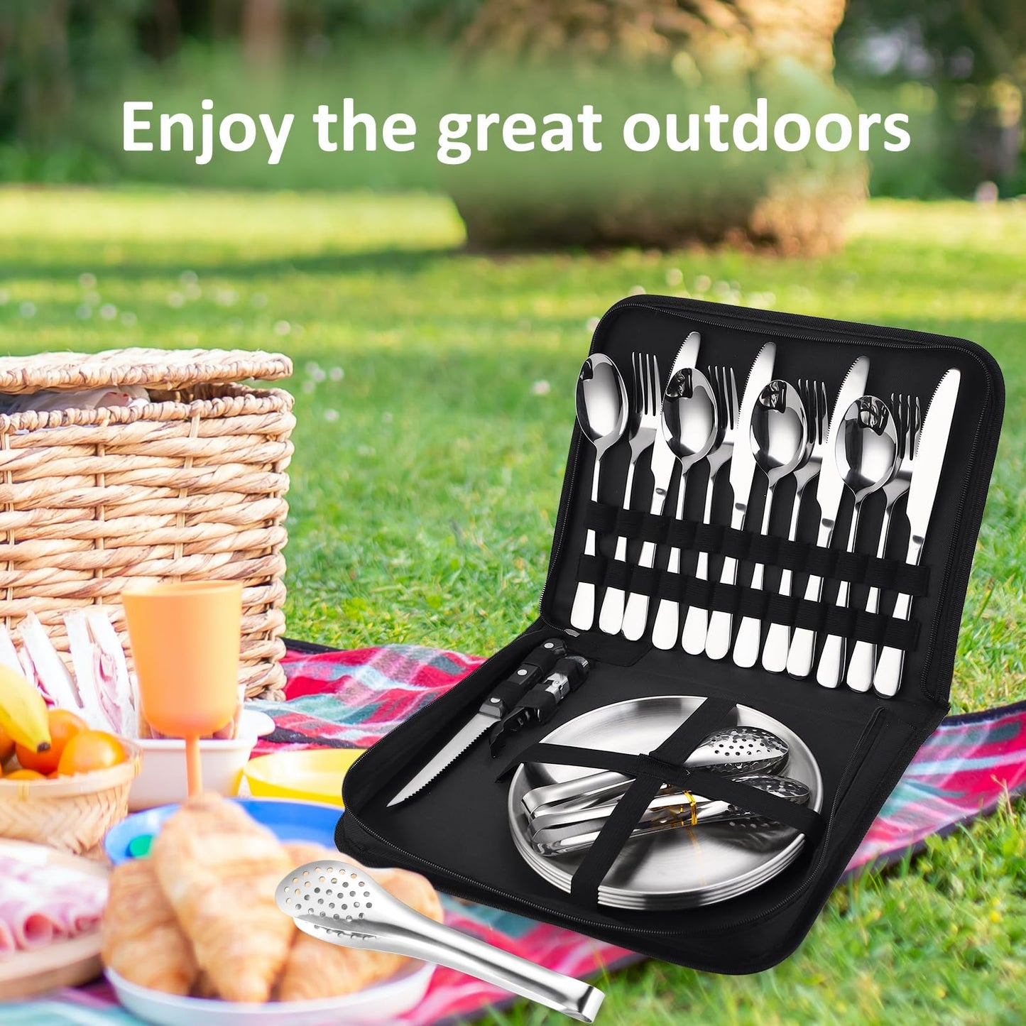 Camping Kitchen Utensils Set - 24 Piece Travel Silverware Cutlery Organizer with case Stainless Steel Reusable Cooking Utensils for 4 Person - Perfect for Hiking, Picnics, Backpacking & BBQ Mess Kit
