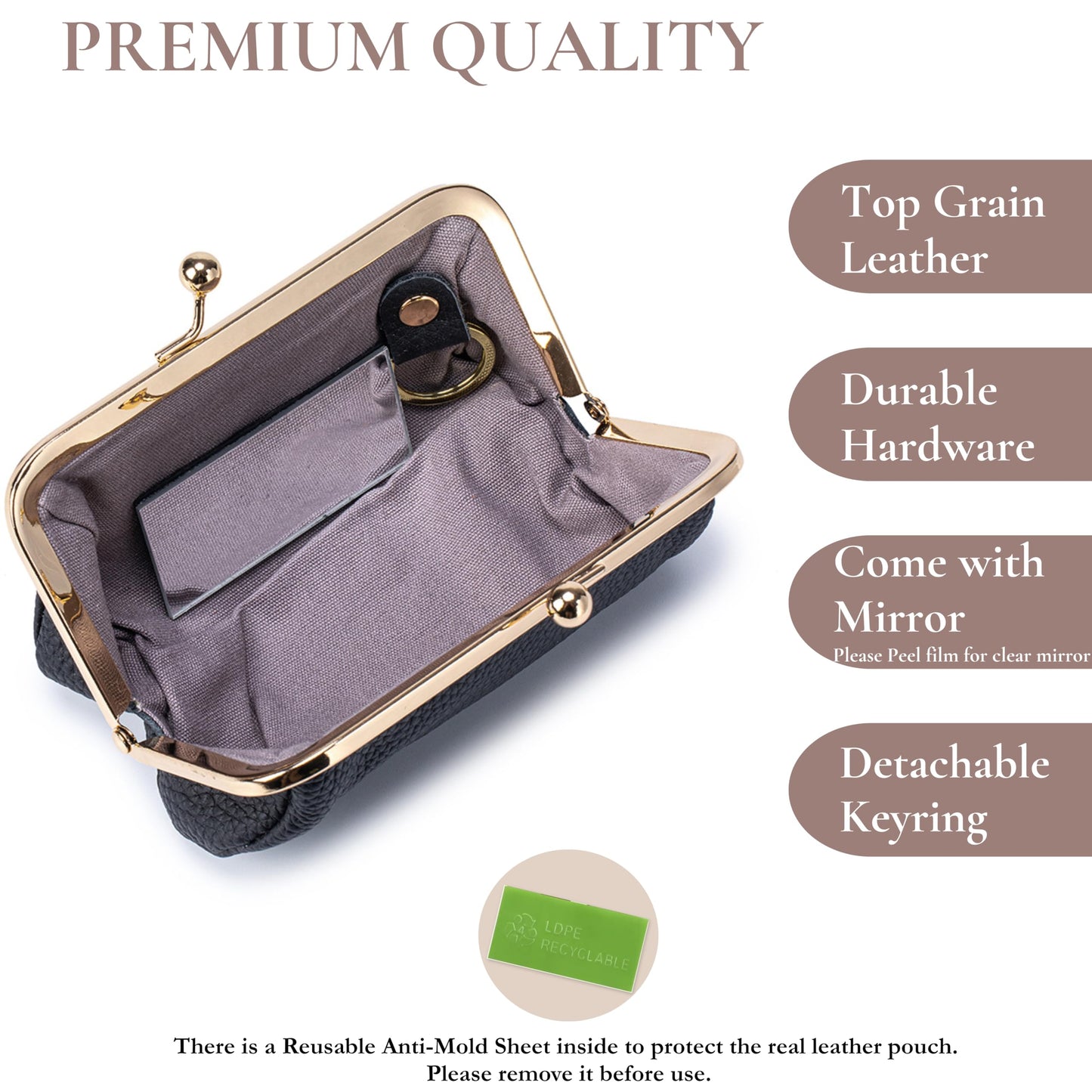 EutDett Lipstick Case with Mirror, Genuine Leather small makup bag for Purse - Kiss Lock Cosmetic Bag Portable Mini Makeup Pouch for Women, Small Travel Makeup Organizer (Brown)