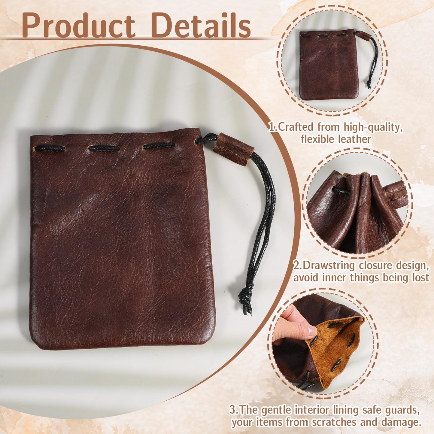 HJZHII Leather Drawstring Pouch, Small Drawstring Dice Pouches Storage Bags Vintage Medieval Coin Waterproof Cowhide Bag(Large)