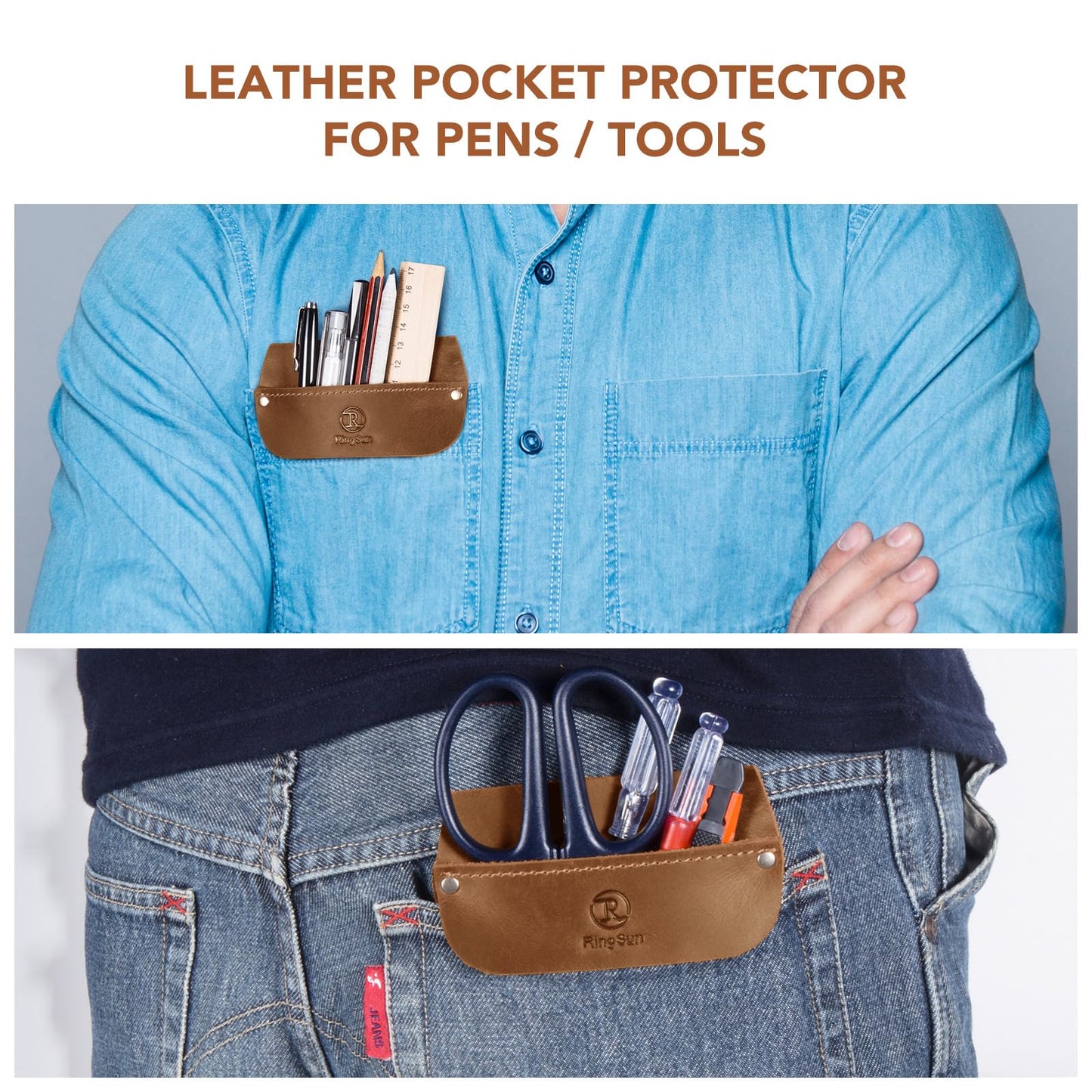 RingSun Genuine Leather Pocket Protector for Men, Durable Pocket Tool Pouch, Jeans Shirts Pocket Protector for Tools Pens