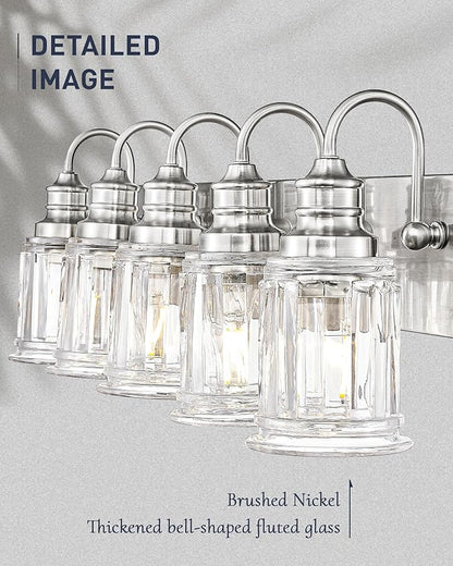 Bathroom Light Fixtures, HWH 5-Light Vanity Light, Modern Brushed Nickel Wall Lighting Over Mirror, Bell-Shaped Striped Glass, 5HZG106B-5W BN
