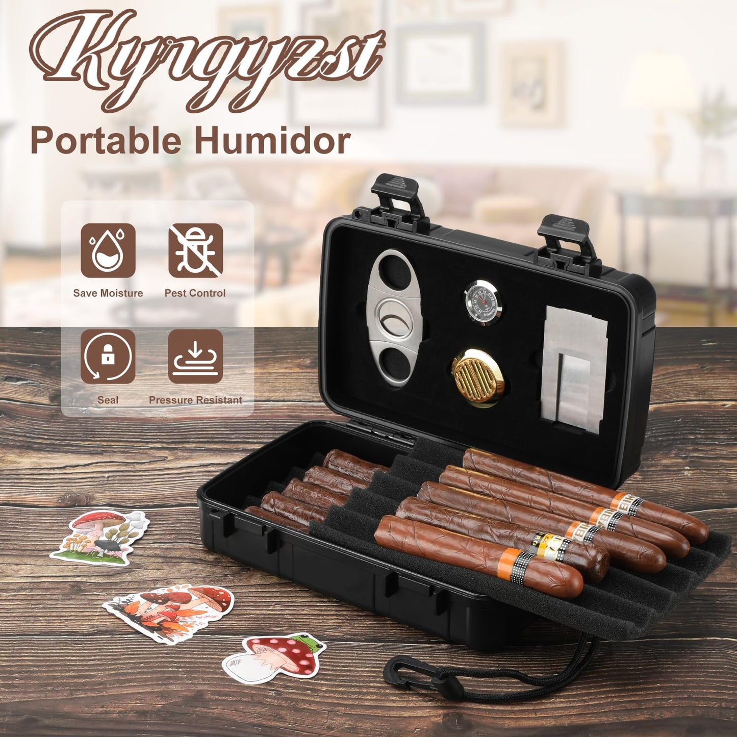 Kyrgyzst Travel Cigar Case Holds 10 Cigars, Portable Cigar Humidor includes Cigar Cutter, Humidifier, Hygrometer - Cigar Accessories Set for Men (Black)