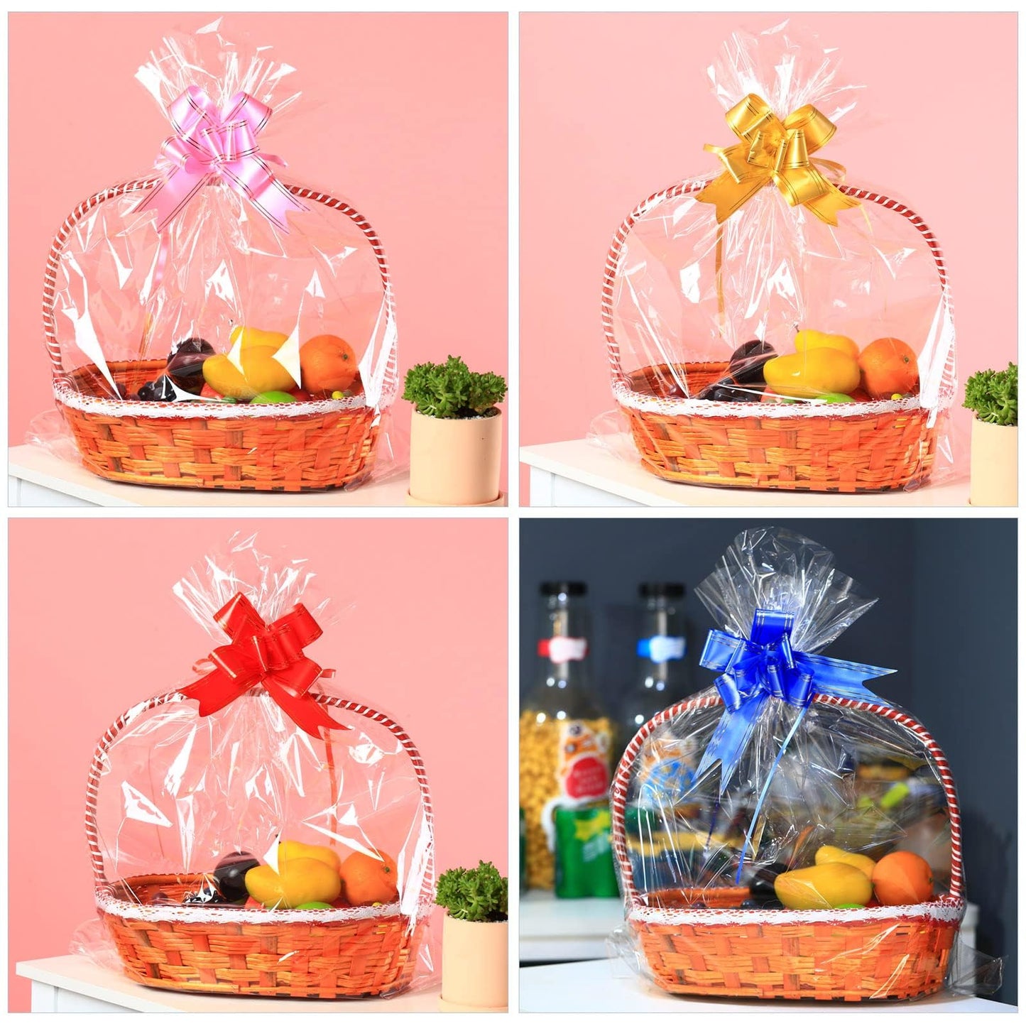 30 Packs 32 x 40 Inches Extra-large Gift Wrap Cellophane Bags for Basket Jumbo Clear Cellophane Wraps Clear Huge Cello Bags for Basket, Gift, Christmas Tree, Treat, Art and Craft, 30ct Red Ribbon Bows