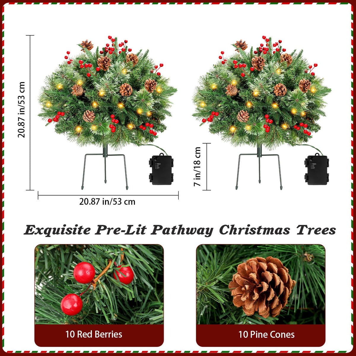 Lewondr Set of 2 Prelit Pathway Christmas Trees, 20.87" Outdoor Christmas Tree with 50 LED Lights, Pine Cones Red Berries, Battery Operated Outdoor Xmas Decor for Yard Home Porch