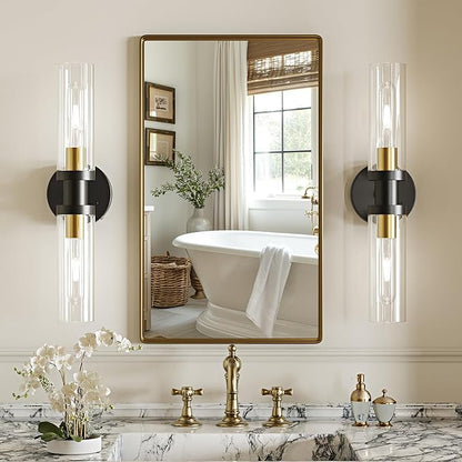 Wall Sconces Set of Two, ETL Certified, Black Gold Bathroom Wall Sconces with Clear Glass Modern Hardwired Wall Light fixtures for Bathroom Mirror Living Room Entryway Hallway(Bulbs Not Include)