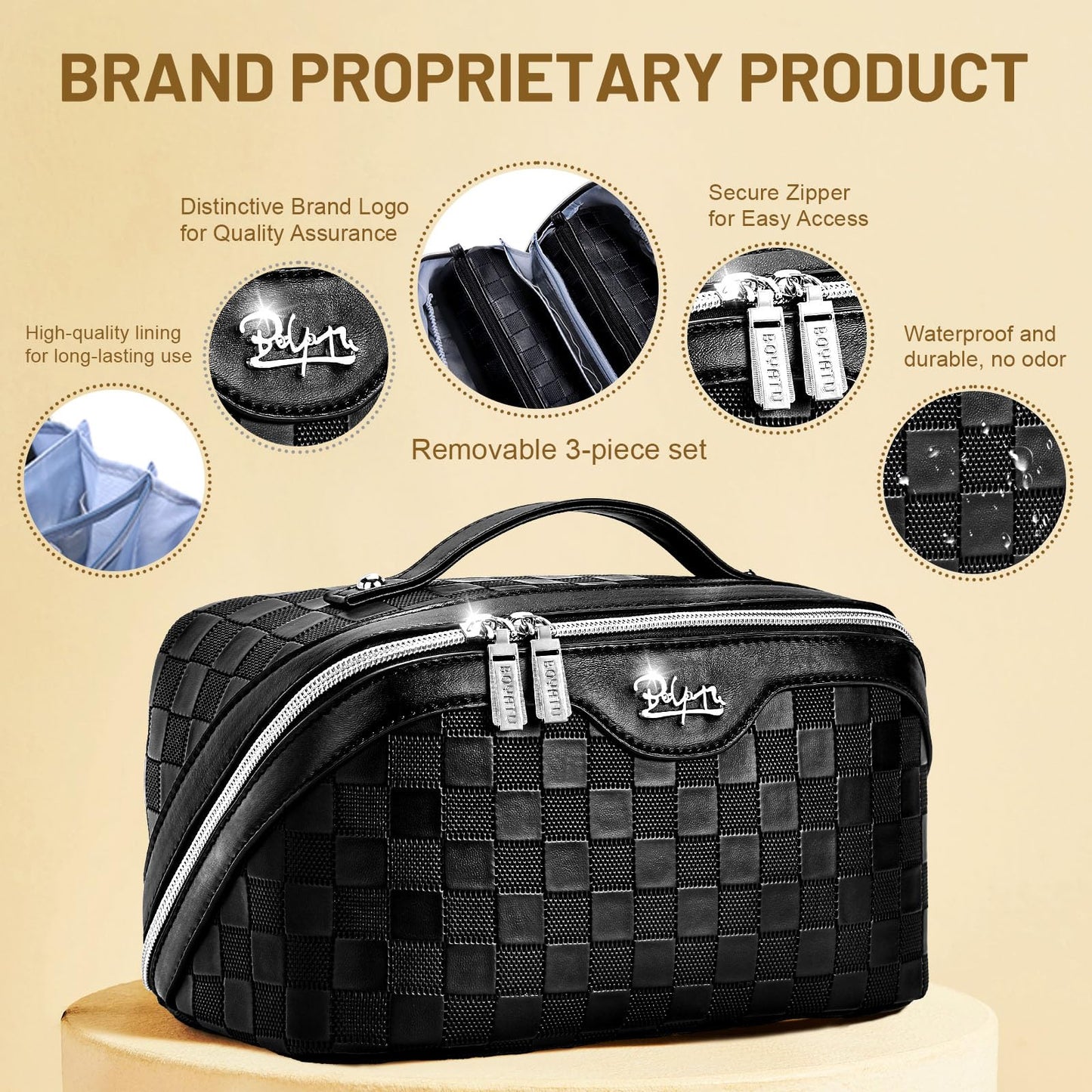 BOYATU Travel Makeup Bag Organizer: 3 Pcs Set Large Capacity Cosmetic Bags Holds 10–20 100ml Full-Size Bottles for 3–15 Day Trips - 180°Open-Flat Make up Case 3-sec touch-up - Toiletry Bag Gift women