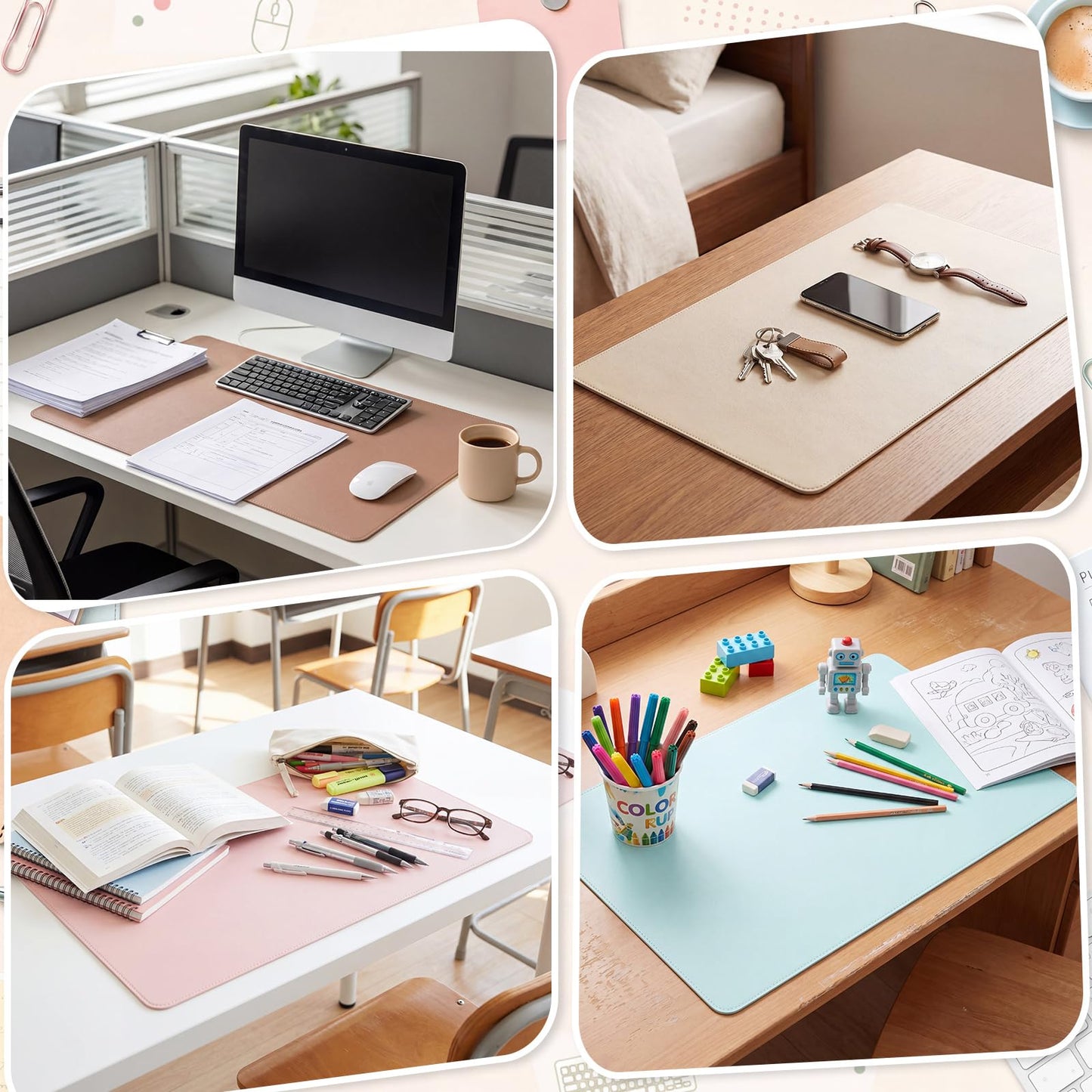 Tellegloww 6 Pack Non-Slip Leather Desk Pad Protector, 23.6"x 13.8" Office Desk Mat for Keyboard and Mouse, Waterproof PU Laptop Blotte Writing Pad with Suede Back for Home School Office, 6 Colors