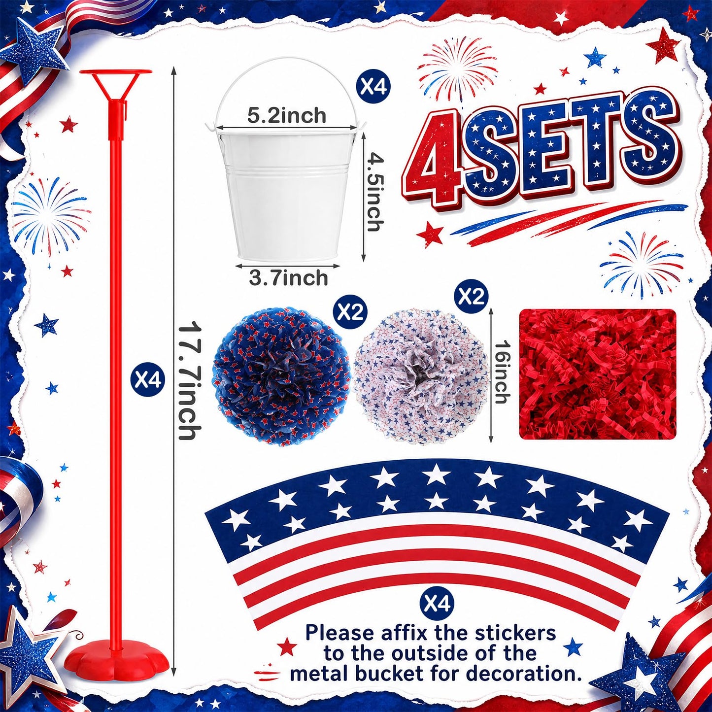 4 Set 18'' Large 4th of July Patriotic Table Centerpiece Decor DIY American Flag Metal Pail Bucket with 16'' Red White Blue Star Pom Pom 3D 250th Anniversary Table Decor Raffia