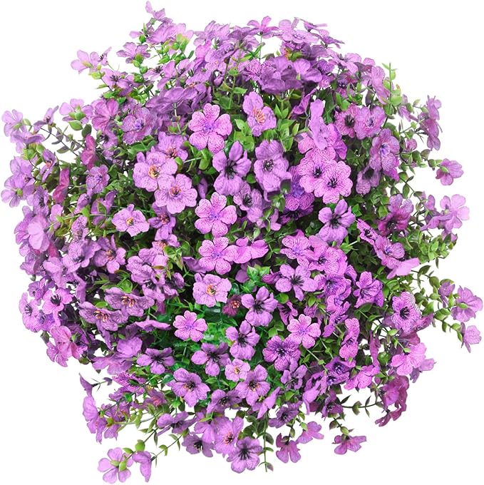 Artificial Hanging Faux Flowers Basket, Fake Silk Daisy Eucalyptus Plants Arrangement,for Spring Summer Outdoor Decoration,UV Resistant, Coconut Planter,Look Real for Home Garden Decor (Purple)