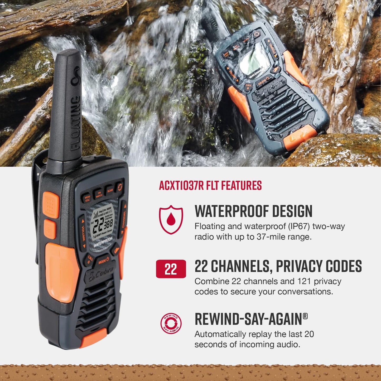 Cobra RX680 Walkie Talkies (2-Pack) - Rugged & Splashproof Two Way Radios Long Range, IP54 Water Resistant Design, 60 Pre-Programmed Channels, Weather Alerts, Included Charging Dock (Black/Orange)