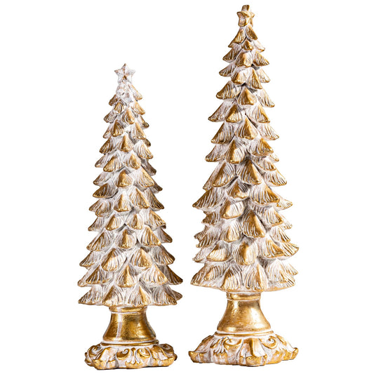 BUTILIVEEN Gold Christmas Tree Figurines Set of 2, Vintage Christmas Decor for Tabletop and Mantle, Xmas Centerpieces, 12.2 inches to 14.8 inches Tall, Resin
