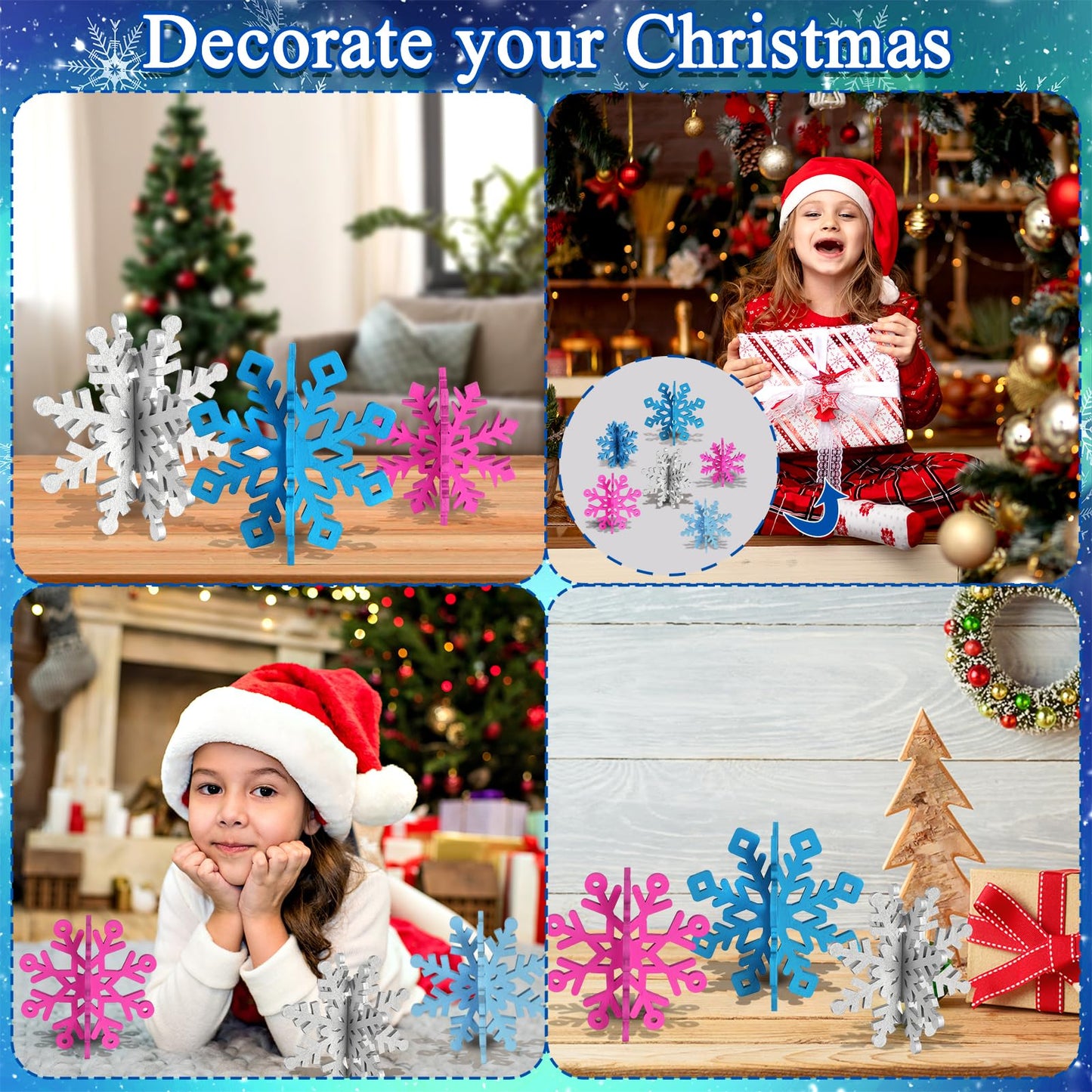 OuMuaMua 12 Sets Snowflake Christmas Table Decorations - 24pcs Blue Fuchsia Purple Sliver Wooden 3D Snowflake Decor Tabletop Centerpieces for Christmas Party Supplies Home Decor